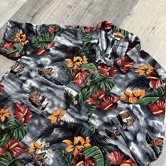 VTG Kennington Canoeing Hula Girls Gray Loop Collar Hawaiian Rayon Button Shirt - Picture 3 of 6